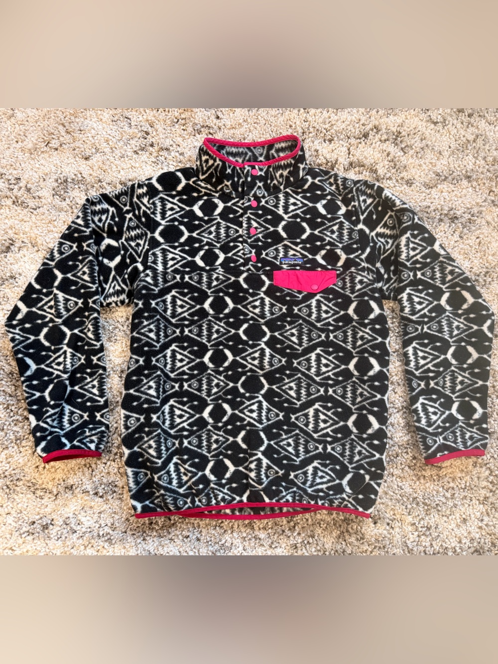 Patagonia Black & White Geometric Fleece Pullover with Pink Trim